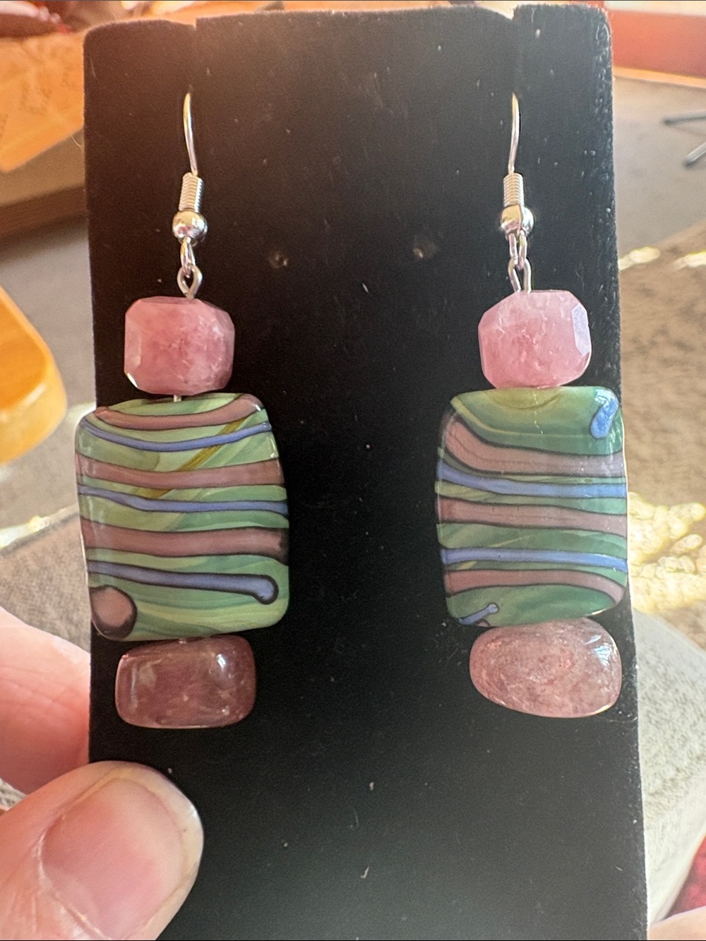 Hand Crafted Ceramic Artisan Beads with Strawberry Quartz Accents Drop Earrings